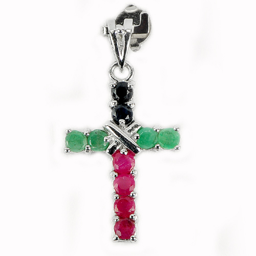 3.16 G. Natural Emerald Sapphire Ruby Real 925 Sterling Silver Pendant Jewlery