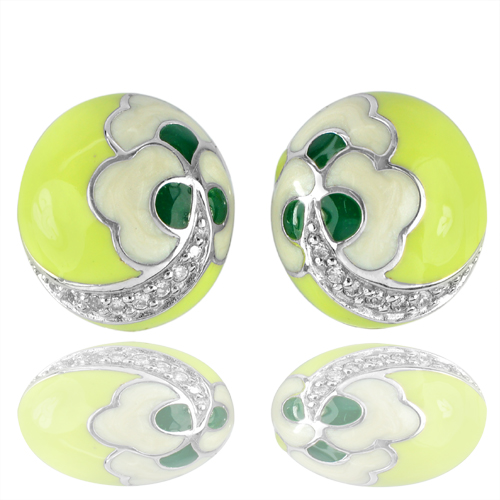 5.72 G. Green White Flower Enamel White CZ Real 925 Sterling Silver Earrings