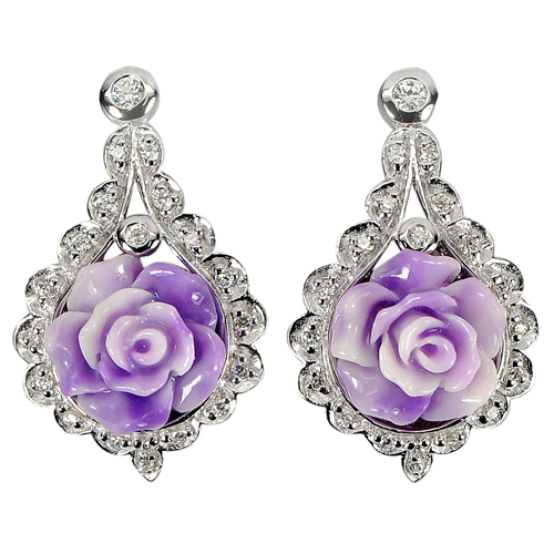 7.48 G. Purple Powder Rose Real 925 Sterling Silver White Gold Plated Earrings