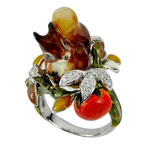 10.91 G. Charming Squirrel Enamel Real 925 Sterling Silver Ring Size 8