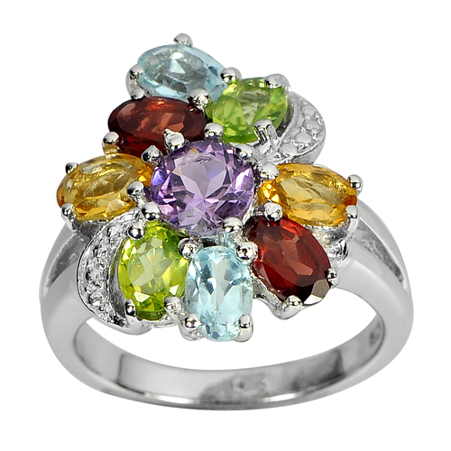 7.70 G. Natural Amethyst Topaz Peridot Real 925 Sterling Silver Ring Size 8