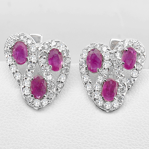 6.64 G. Good Natural Red Ruby With White CZ Real 925 Sterling Silver Earrings