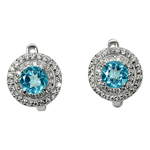 4.27 G. Round Swiss Blue Natural Topaz Real 925 Sterling Silver Earrings