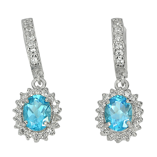 5.56 G. Natural Topaz Real 925 Sterling Silver White Gold Plate Earrings