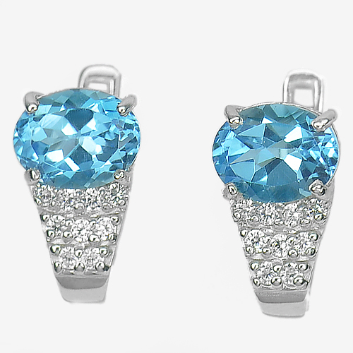4.95 G. Natural Topaz Real 925 Sterling Silver White Gold Plate Earrings
