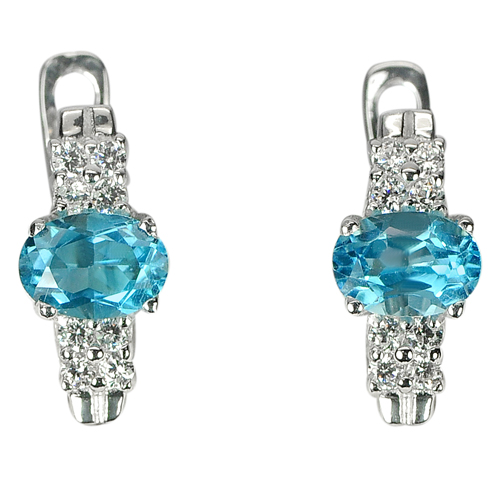3.74 G. Oval Swiss Blue Natural Topaz Real 925 Sterling Silver Earrings