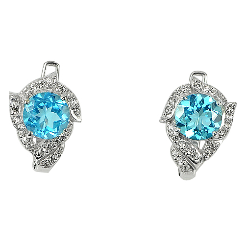 4.89 G. Natural Topaz Real 925 Sterling Silver White Gold Plate Earrings