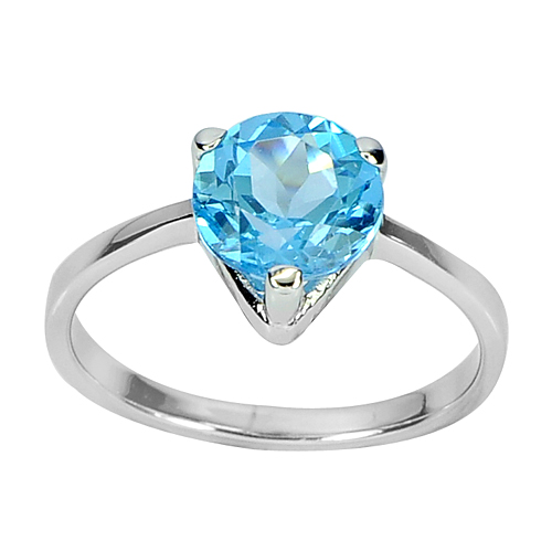 2.39 G. Natural Gem Round Swiss Blue Topaz Real 925 Sterling Silver Ring Size 7