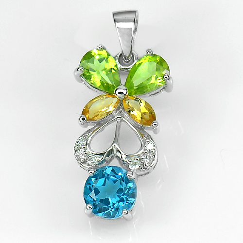 2.91 Natural Topaz Peridot Citrine 925 Sterling Silver White Gold Plated Pendant