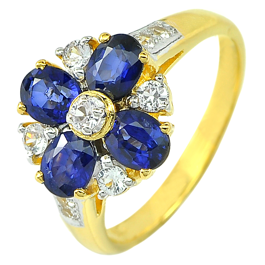 1.60 Ct. Natural Gemstone Blue Sapphire with Diamond 18K Gold Ring Size 6.5