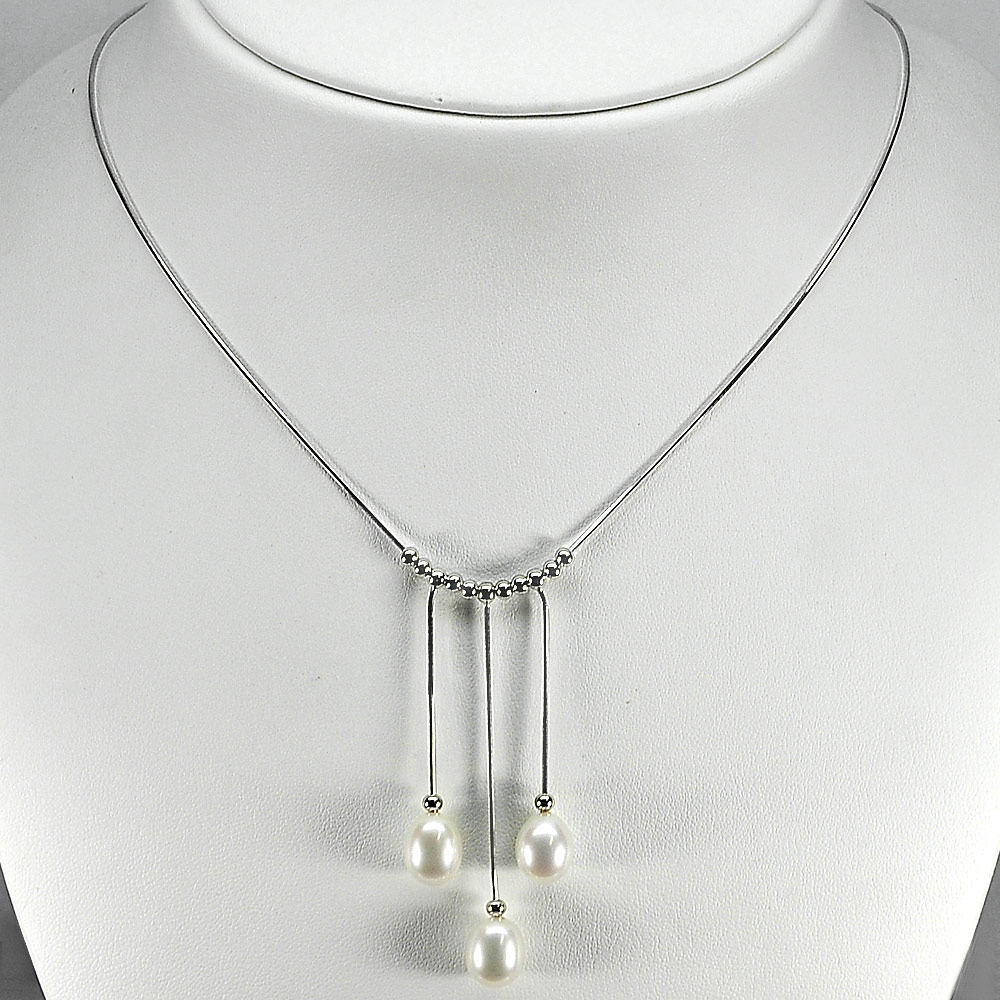 7.04 G. Wonderful Natural White Pearl Sterling Silver Necklace Length 21 Inch.