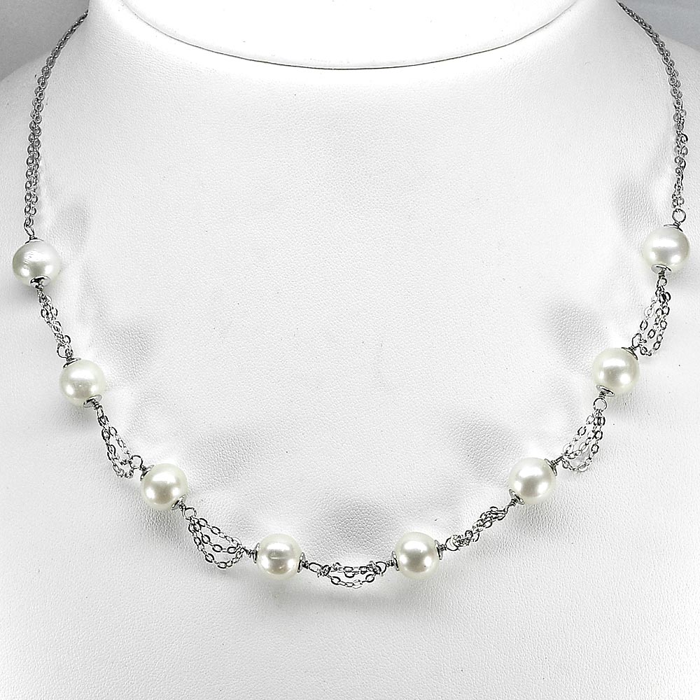 12.30 G. Charming Natural White Pearl Sterling Silver Necklace Length 18 Inch.