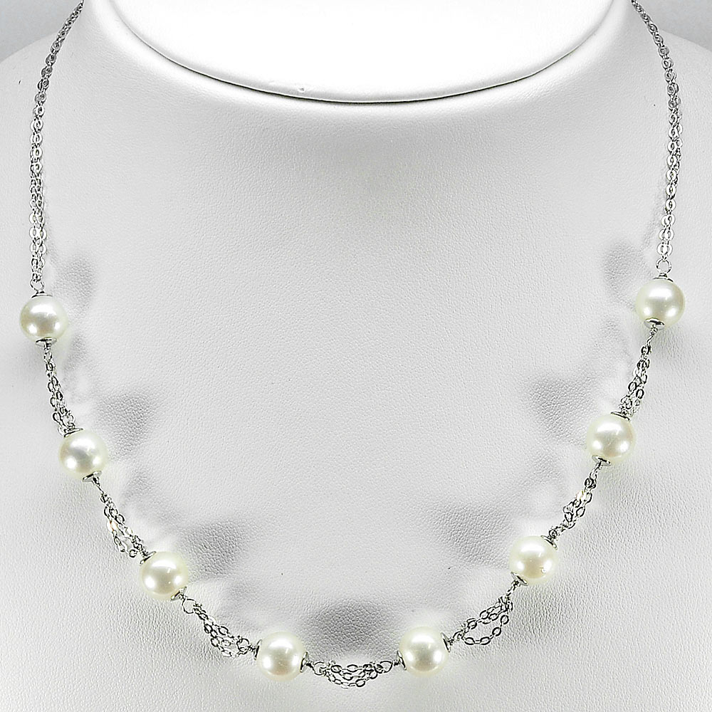 12.32 G. Round Natural White Pearl Sterling Silver Necklace Length 18 Inch.