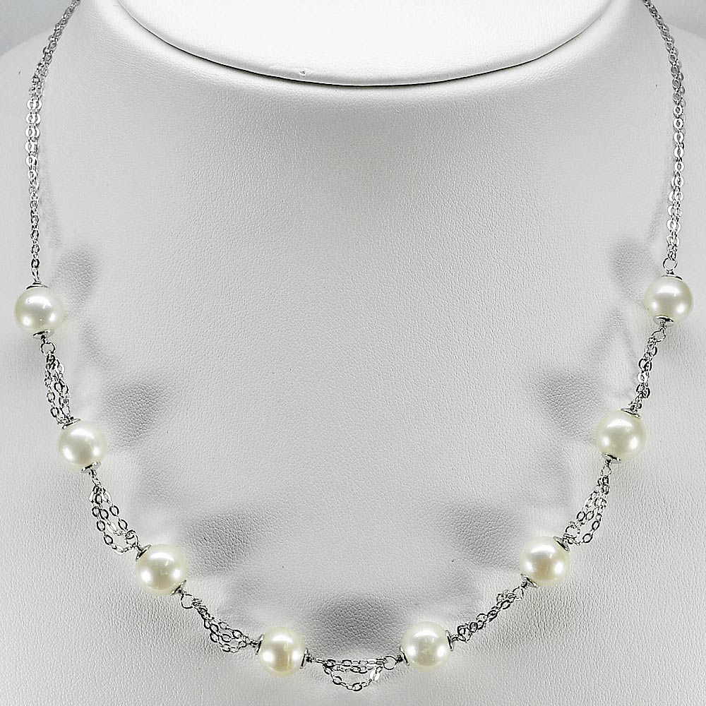 12.35 G. Pretty Natural White Pearl Sterling Silver Necklace Length 18 Inch.