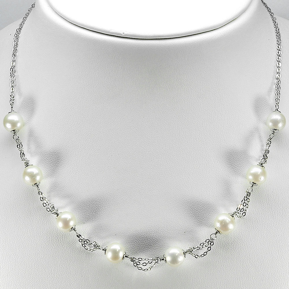 12.35 G. Length 20 Inch. Natural White Pearl Sterling Silver Necklace