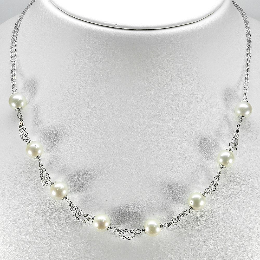 Length 18 Inch. 12.17 G. Lovely Natural White Pearl Sterling Silver Necklace