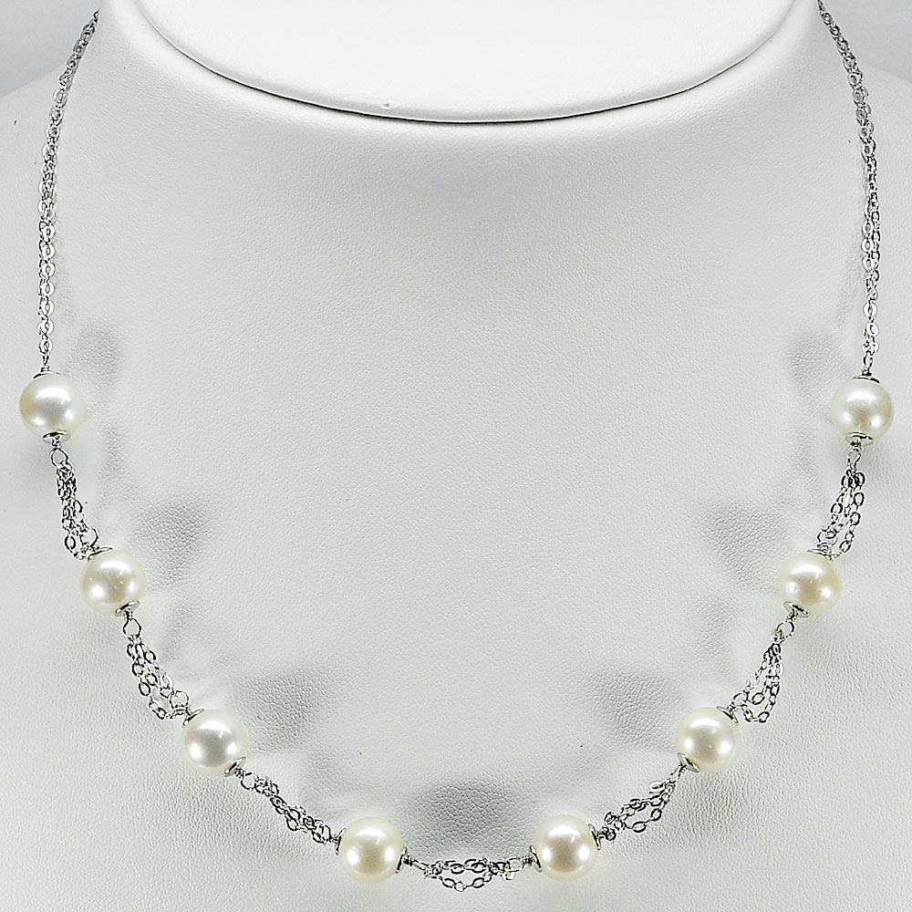 12.37 G. Lively Natural White Pearl Sterling Silver Necklace Length 18 Inch.