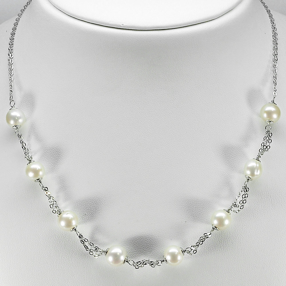 12.35 G. Natural White Pearl Sterling Silver Necklace Length 18 Inch.