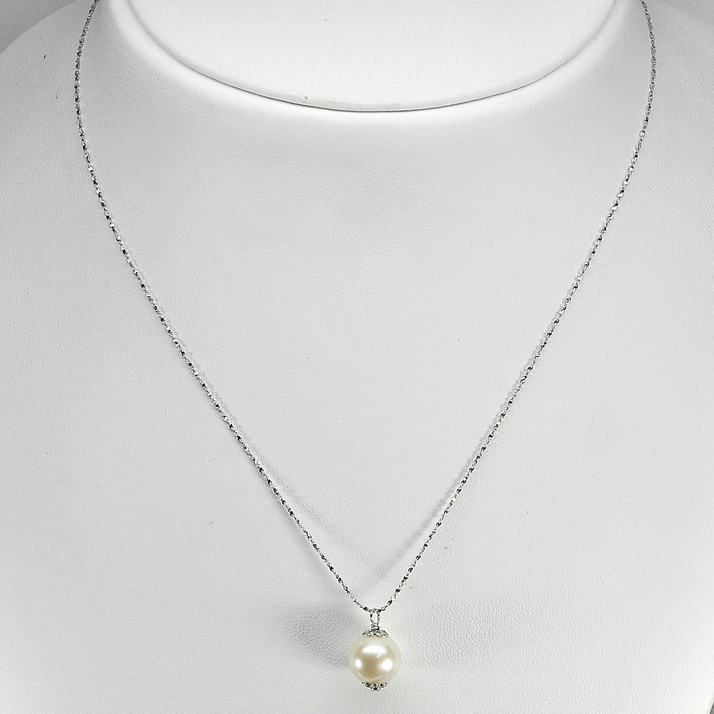 Length 18 Inch. 2.80 G. Elegance Natural White Pearl Sterling Silver Necklace