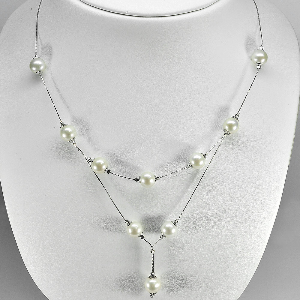 12.50 G. Pretty Natural White Pearl Sterling Silver Necklace Length 21 Inch.