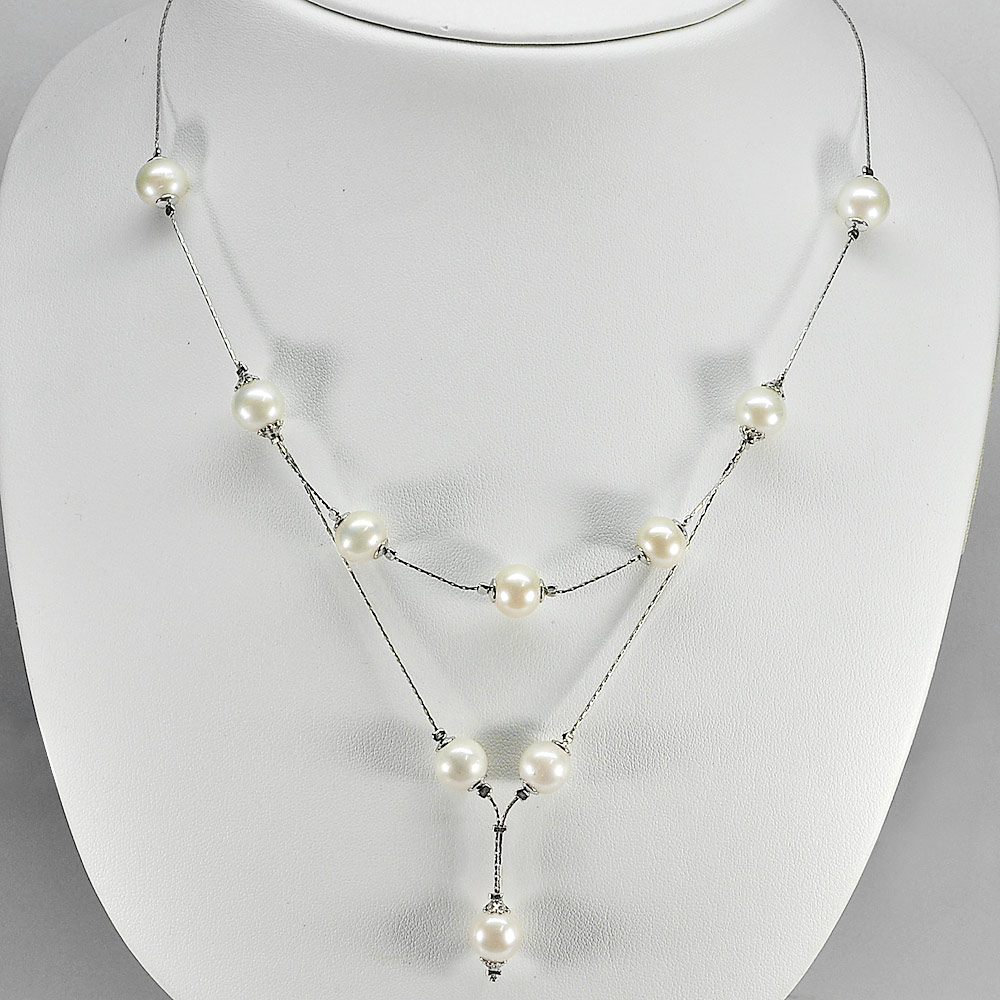 12.52 G. Natural White Pearl Sterling Silver Necklace Length 21 Inch.