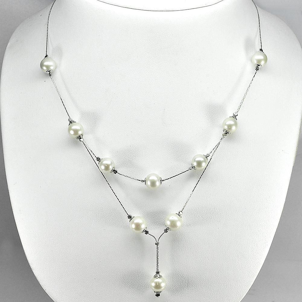 12.73 G. Nice Natural White Pearl Silver Jewelry Necklace Length 21 Inch.