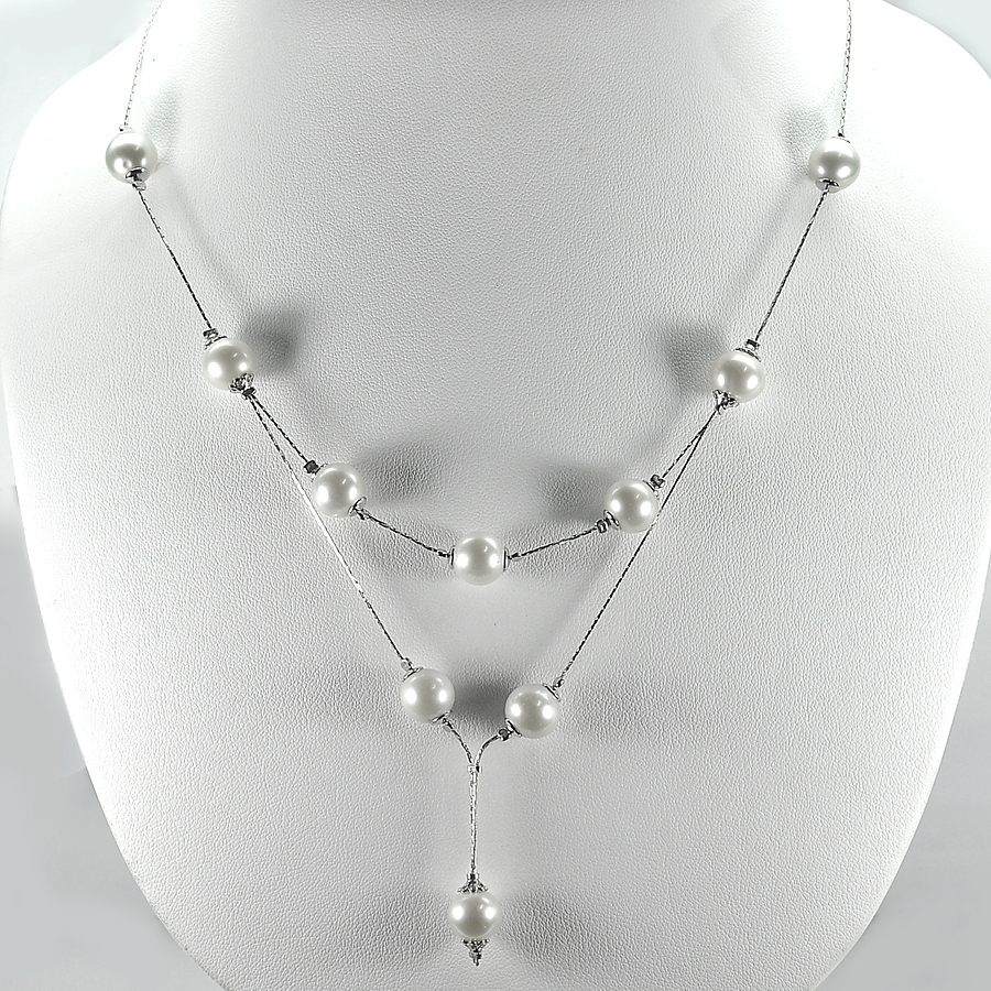 12.11 G. Chaming Natural White Pearl Sterling Silver Necklace Length 21 Inch.