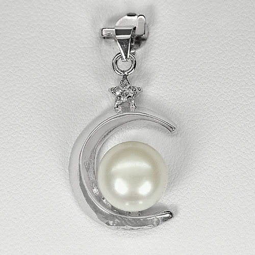 2.89 G. Round Cabochon Natural White Pearl Rhodium Silver Plated Pendant