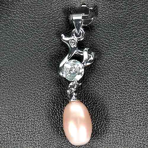 2.66 G. Fancy Cabochon Natural Peach Pearl Rhodium Silver Plated Pendant