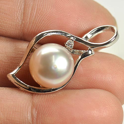 3.01 G. Round Cabochon Natural Pink Pearl Rhodium Silver Plated Pendant