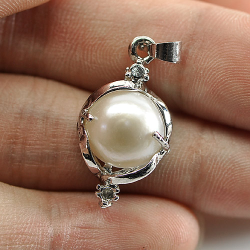 2.94 G. Round Cabochon Natural White Pearl Rhodium Silver Plated Pendant