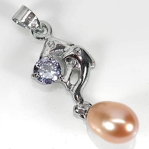 2.31 G. Fancy Cabochon Natural Peach Pearl Rhodium Silver Plated Pendant