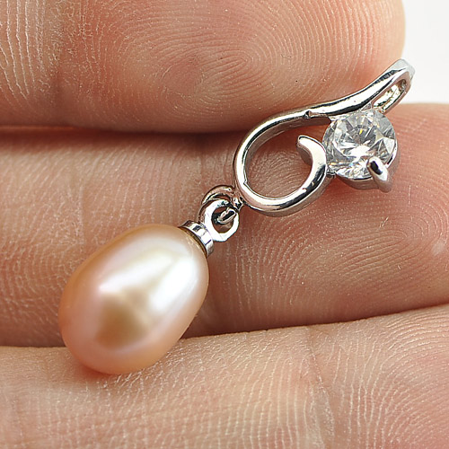 1.91 G. Natural Peach Pearl Rhodium Silver Plated Pendant Fancy Cabochon