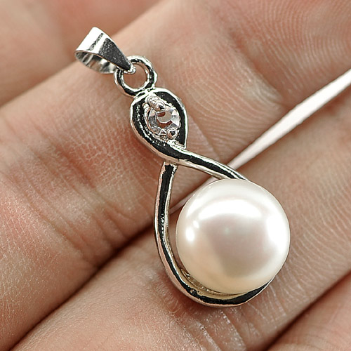 2.91 G. Round Cabochon Natural White Pearl Rhodium Silver Plated Pendant