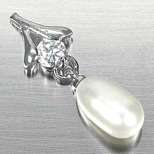 2.37 G. Fancy Cabochon Natural White Pearl Rhodium Silver Plated Pendant