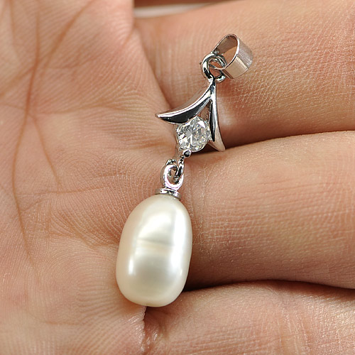 2.08 G. Fancy Cabochon Natural White Pearl Rhodium Silver Plated Pendant