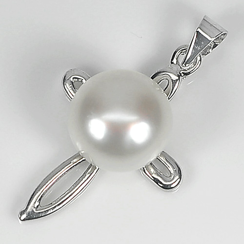 2.31 G. Round Cabochon Natural White Pearl Rhodium Silver Plated Pendant