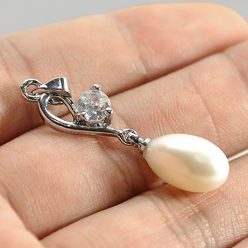 2.34 G. Fancy Cabochon Natural White Pearl Rhodium Silver Plated Pendant