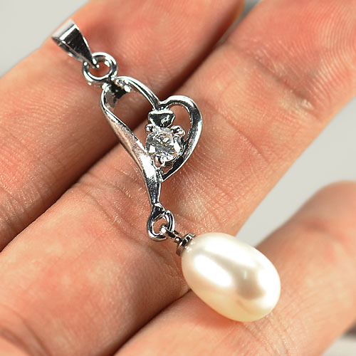 2.22 G. Fancy Cabochon Natural White Pearl Rhodium Silver Plated Pendant