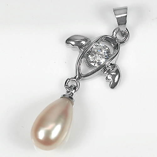 2.05 G. Fancy Cabochon Natural Peach Pearl Rhodium Silver Plated Pendant