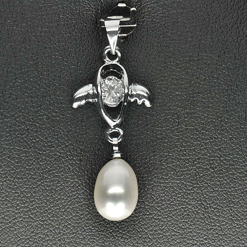 2.08 G. Fancy Cabochon Natural White Pearl Rhodium Silver Plated Pendant