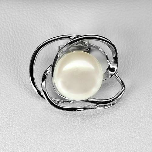 2.55 G. Natural White Pearl Rhodium Silver Plated Pendant Round Cabochon