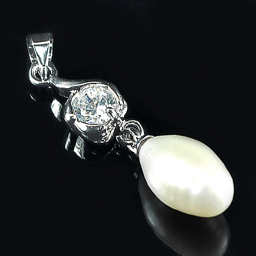2.14 G. Fancy Cabochon Natural White Pearl Rhodium Silver Plated Pendant