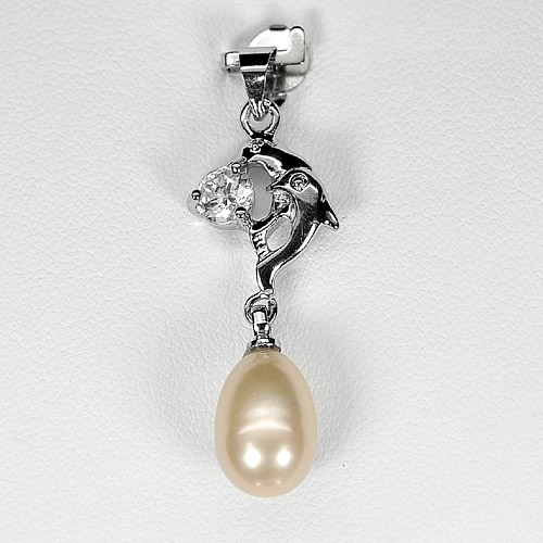 2.39 G. Fancy Cabochon Natural Peach Pearl Rhodium Silver Plated Pendant