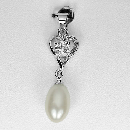2.17 G. Fancy Cabochon Natural White Pearl Rhodium Silver Plated Pendant