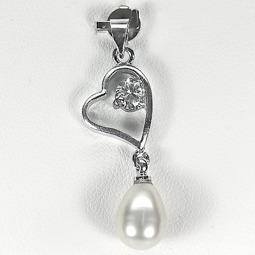 2.31 G. Fancy Cabochon Natural White Pearl Rhodium Silver Plated Pendant