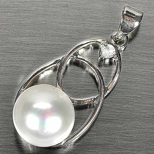 2.75 G. Round Cabochon Natural White Pearl Rhodium Silver Plated Pendant