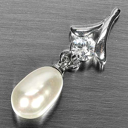 2.25 G. Fancy Cabochon Natural White Pearl Rhodium Silver Plated Pendent