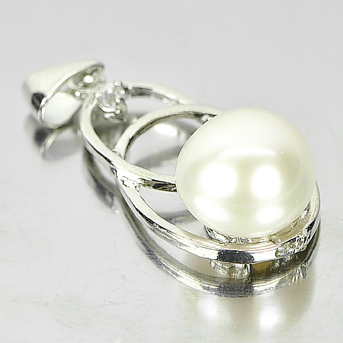 2.96 G. Round Cabochon Natural White Pearl Rhodium Silver Plated Pendant