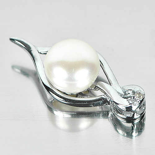2.95 G. Round Cabochon Natural White Pearl Rhodium Silver Plated Pendant
